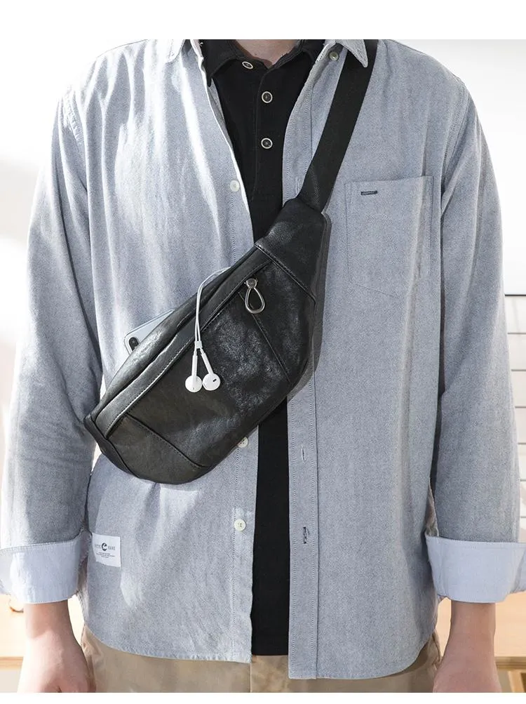 Fashion Black Leather Mens Chest Bag Sling Bag Black One Shoulder Backpack for Men