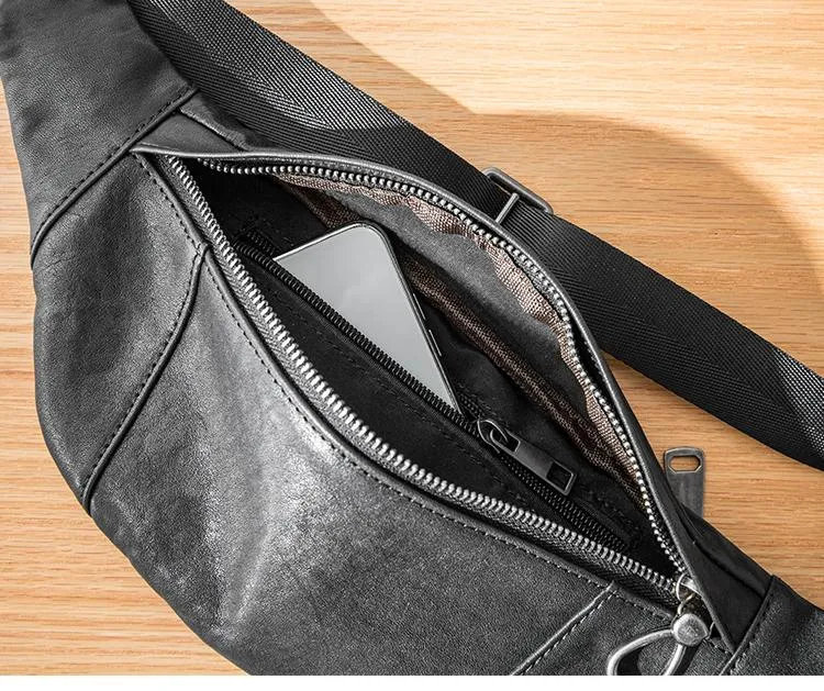 Fashion Black Leather Mens Chest Bag Sling Bag Black One Shoulder Backpack for Men