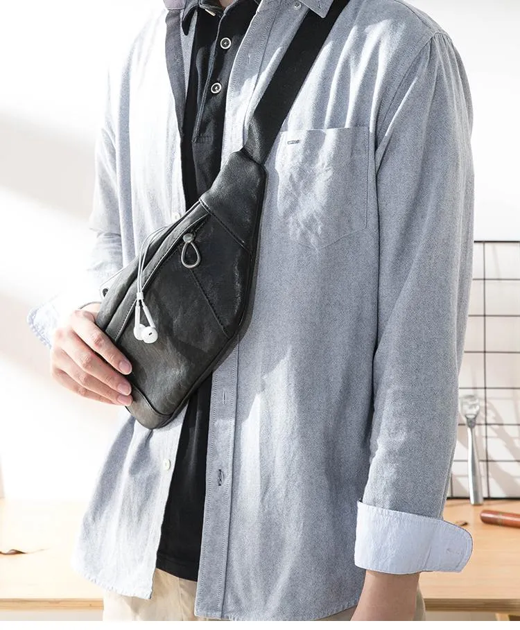 Fashion Black Leather Mens Chest Bag Sling Bag Black One Shoulder Backpack for Men