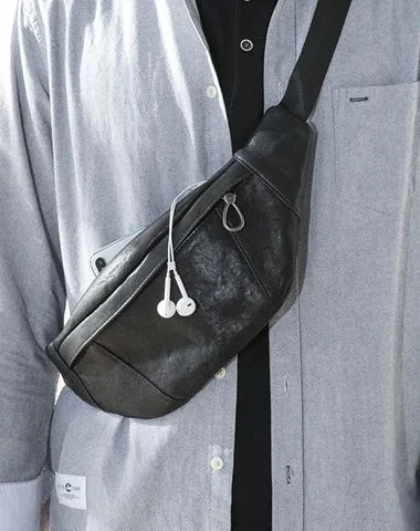 Fashion Black Leather Mens Chest Bag Sling Bag Black One Shoulder Backpack for Men
