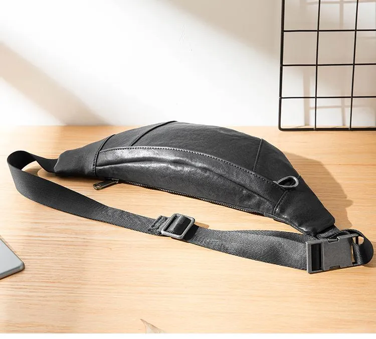 Fashion Black Leather Mens Chest Bag Sling Bag Black One Shoulder Backpack for Men