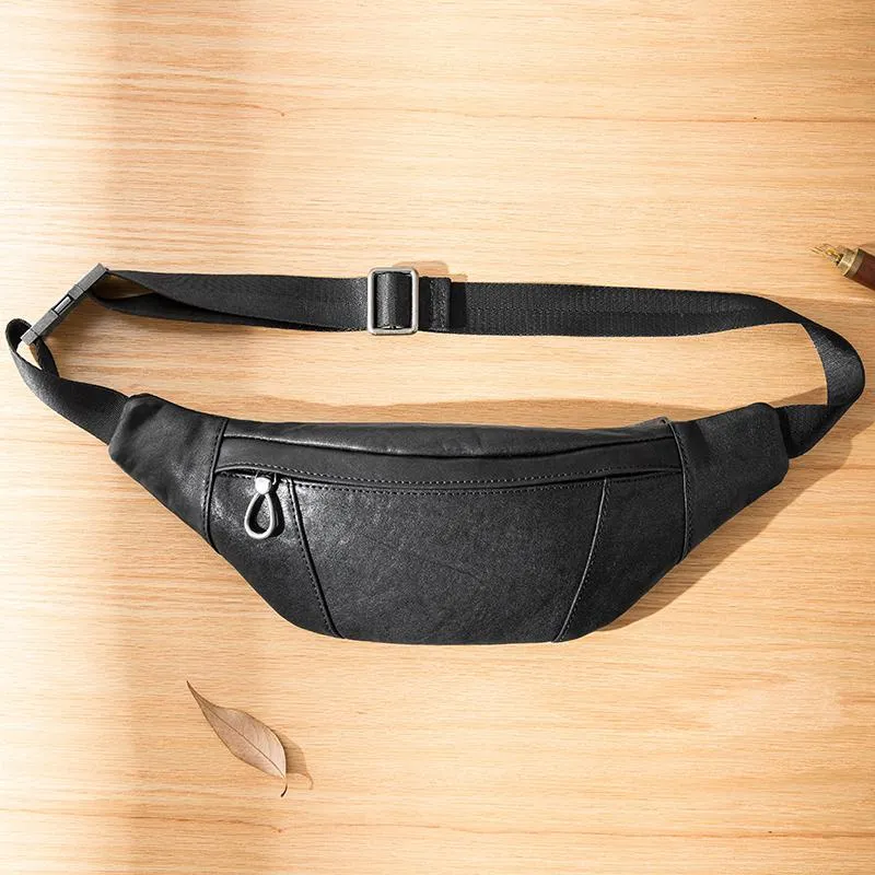 Fashion Black Leather Mens Chest Bag Sling Bag Black One Shoulder Backpack for Men