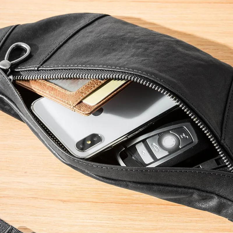 Fashion Black Leather Mens Chest Bag Sling Bag Black One Shoulder Backpack for Men