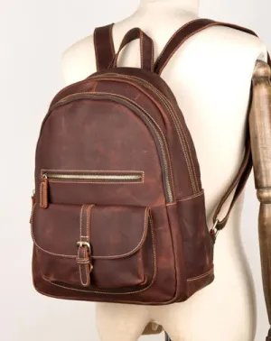 Fashion Brown Mens Leather 14-inch Large Laptop Backpacks Brown Travel Backpacks School Backpack for men