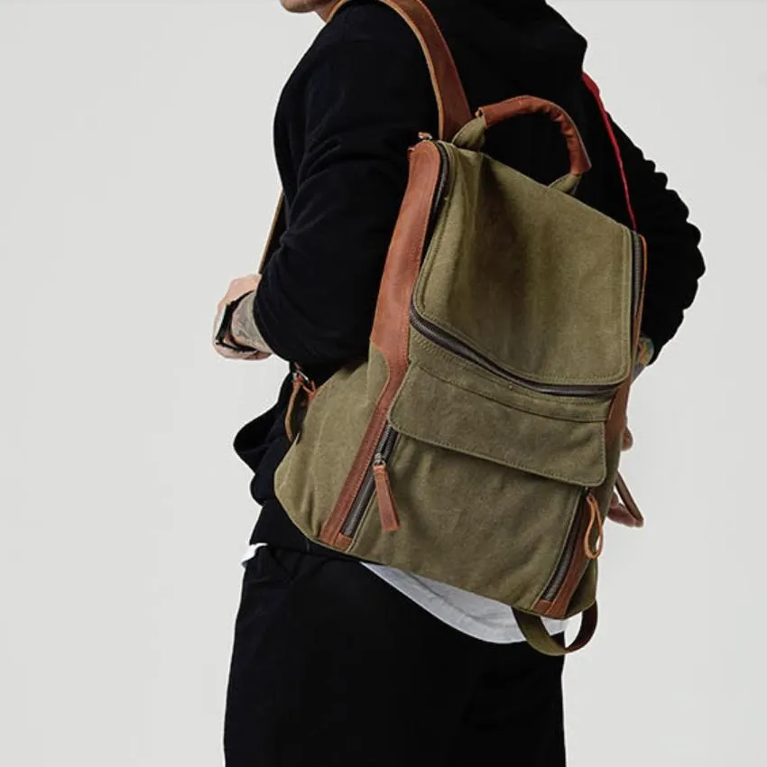 Fashion Canvas Leather Mens Large Army Green Backpack School Backpack Canvas Travel Backpack For Men