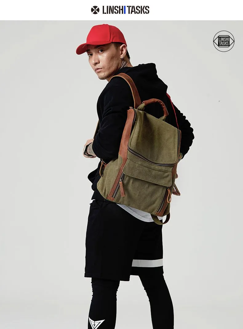 Fashion Canvas Leather Mens Large Army Green Backpack School Backpack Canvas Travel Backpack For Men