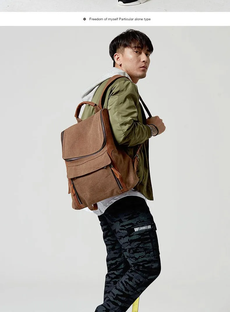 Fashion Canvas Leather Mens Large Army Green Backpack School Backpack Canvas Travel Backpack For Men