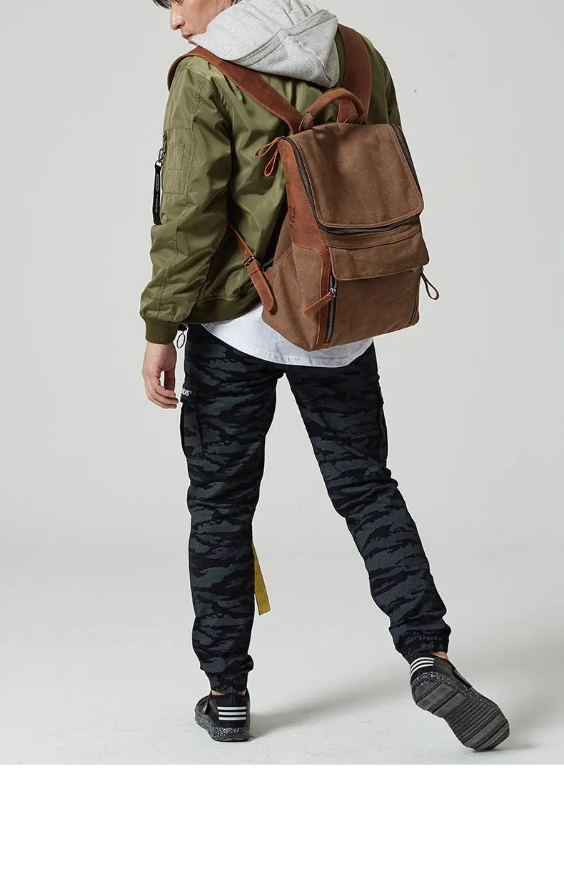 Fashion Canvas Leather Mens Large Army Green Backpack School Backpack Canvas Travel Backpack For Men