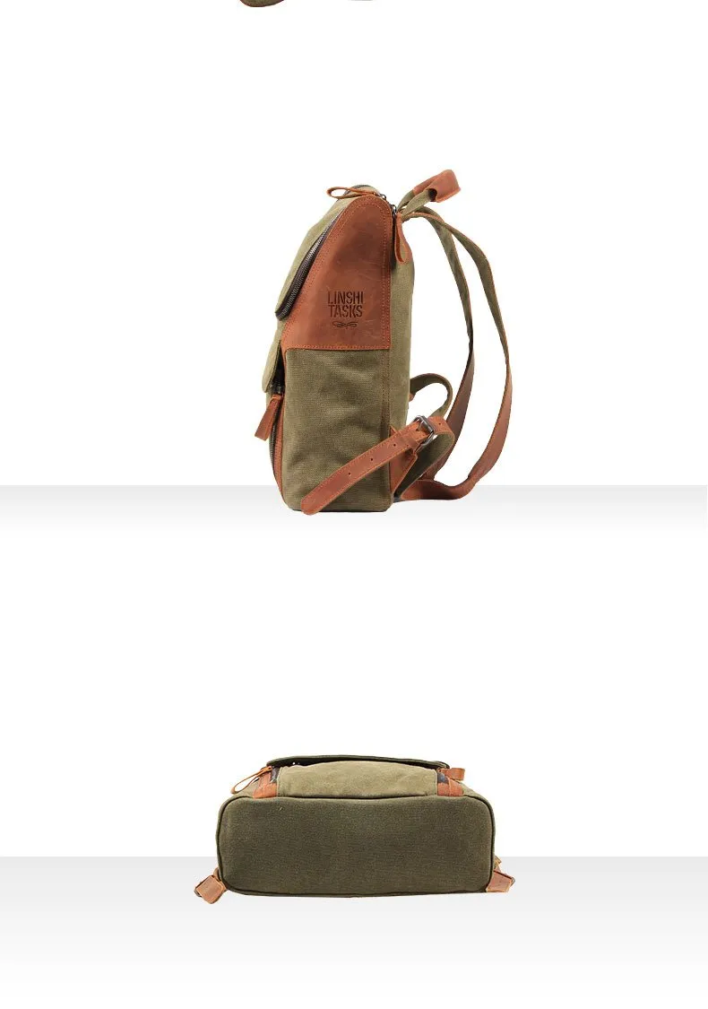 Fashion Canvas Leather Mens Large Army Green Backpack School Backpack Canvas Travel Backpack For Men