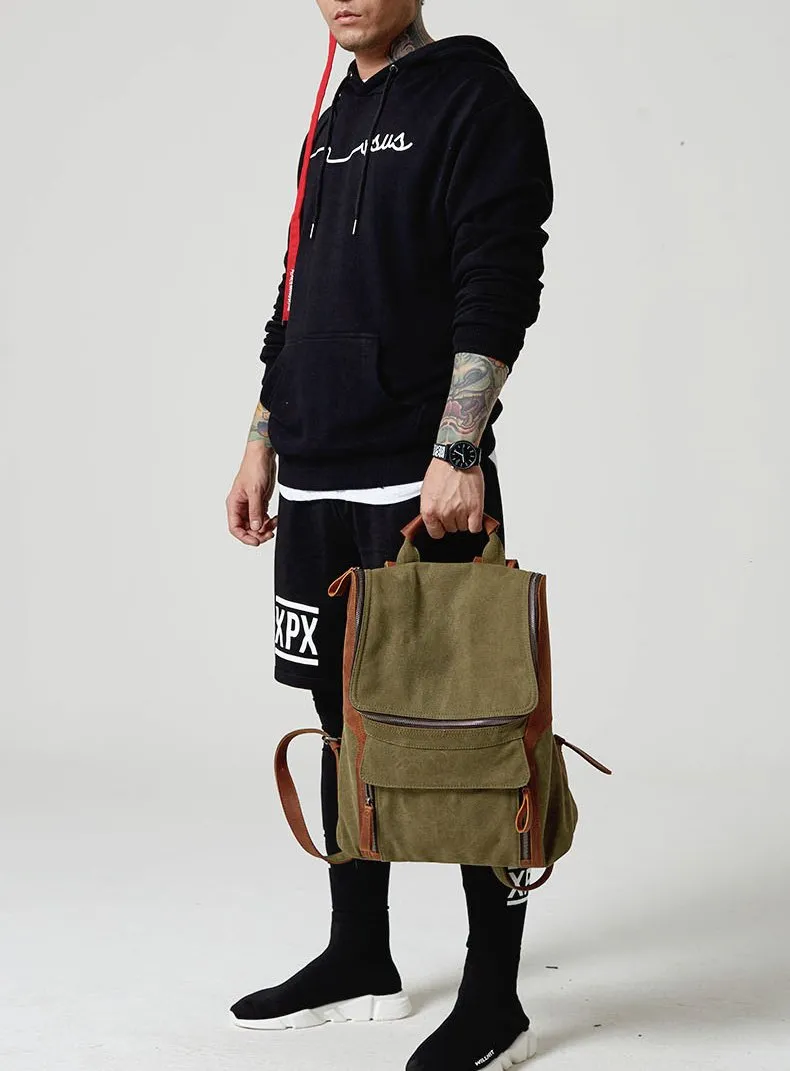 Fashion Canvas Leather Mens Large Army Green Backpack School Backpack Canvas Travel Backpack For Men