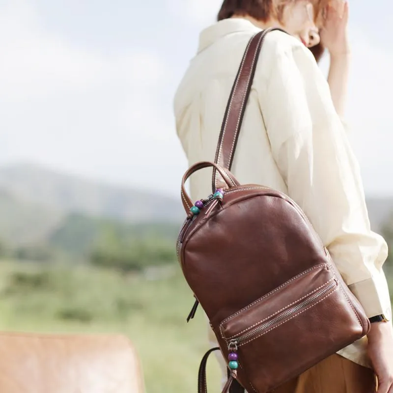 Fashion Womens Coffee Leather Zipper Leather Backpack Womens Best Womens Backpack