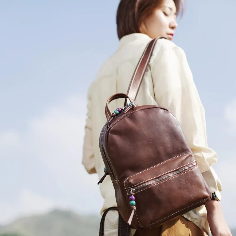 Fashion Womens Coffee Leather Zipper Leather Backpack Womens Best Womens Backpack