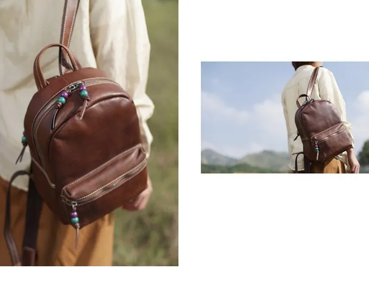 Fashion Womens Coffee Leather Zipper Leather Backpack Womens Best Womens Backpack