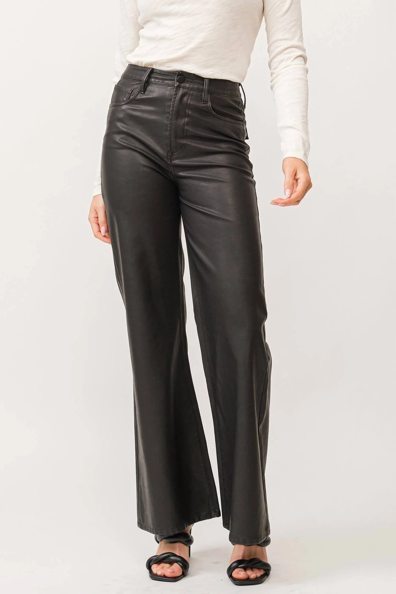 Fiona High Rise Wide Leg Faux Leather In Smoked Charcoal