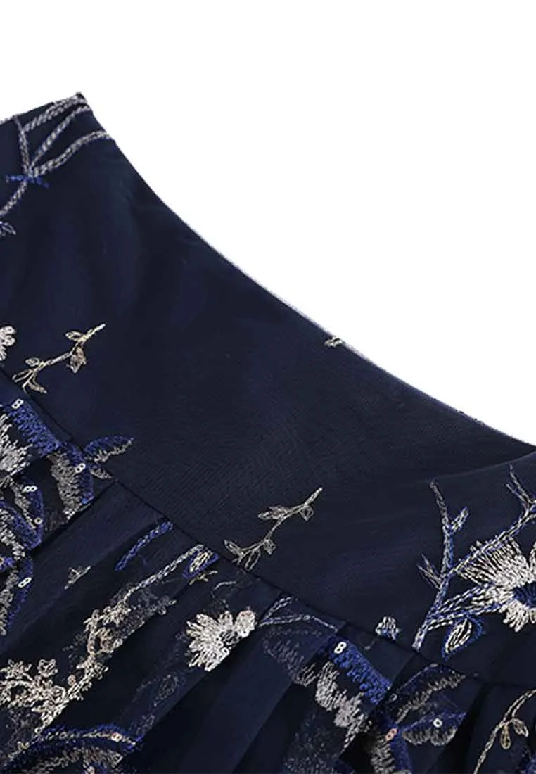Floral-embroidered polk-dot tulle skirt
