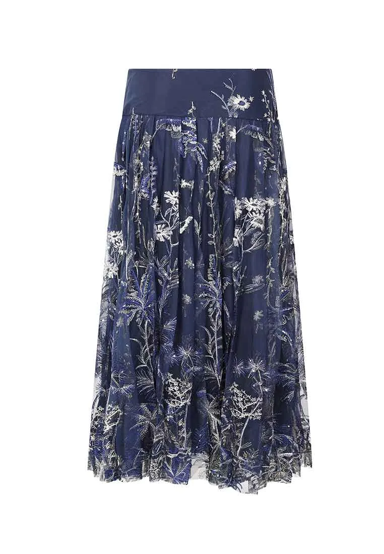 Floral-embroidered polk-dot tulle skirt