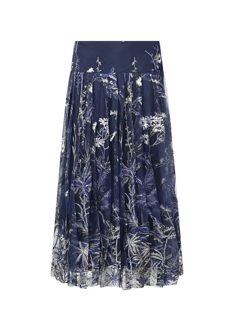 Floral-embroidered polk-dot tulle skirt