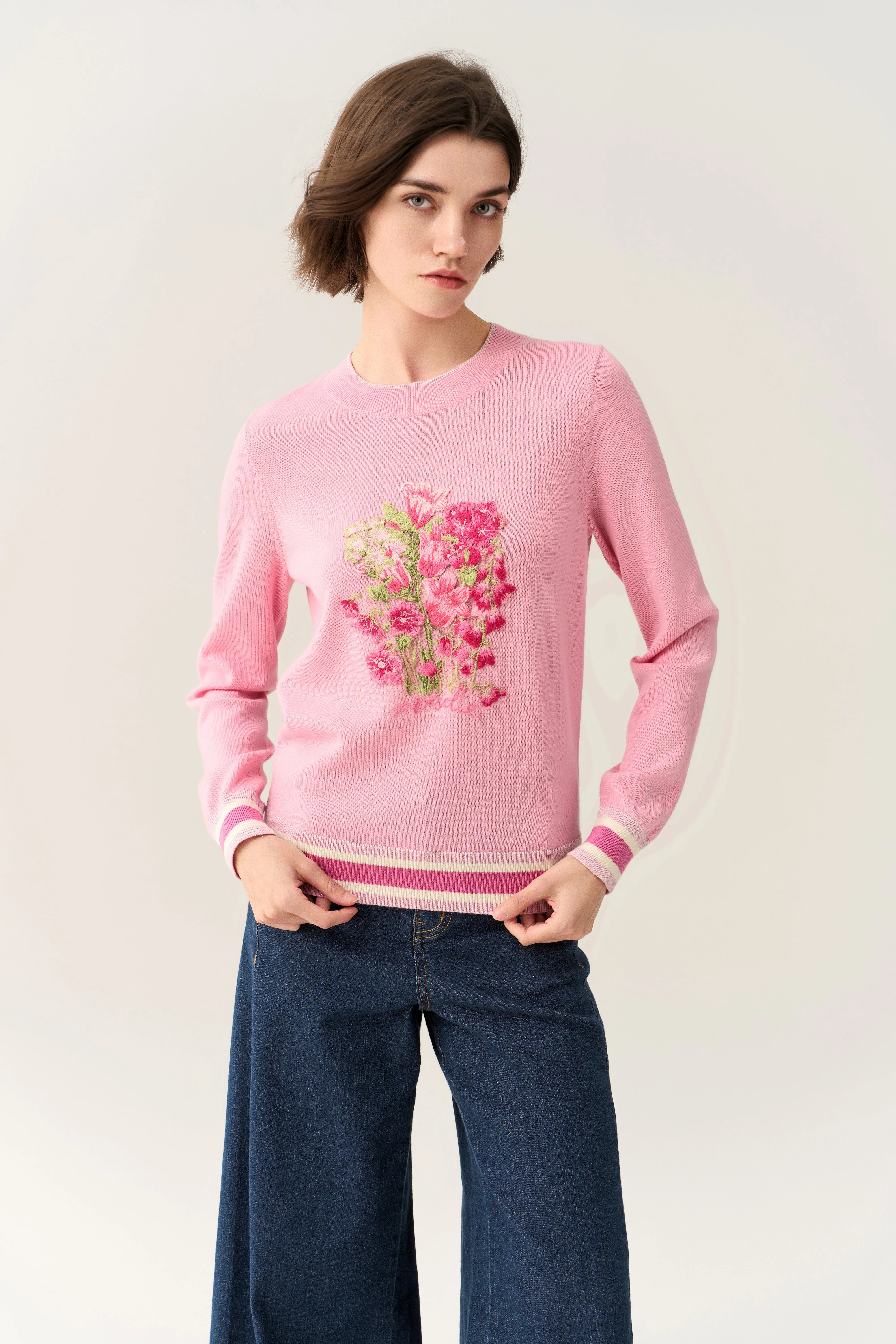 Floral-embroidery Knitted Pullover