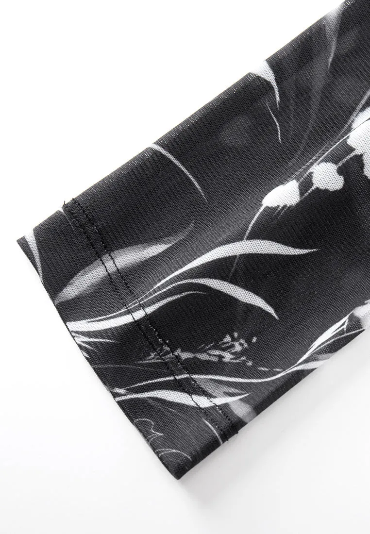 Floral Motif Stand-collar Mesh Shirt