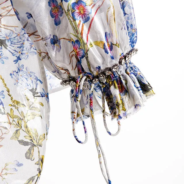 Flower Embroidered Beaded Long Sleeve Shirt