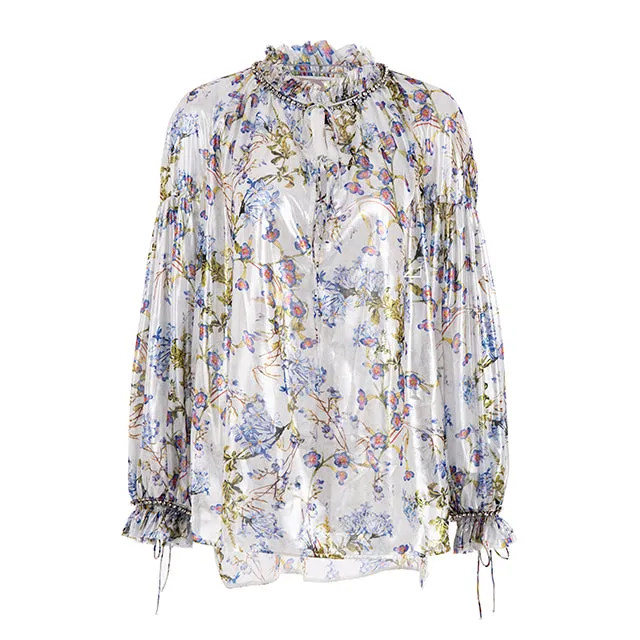 Flower Embroidered Beaded Long Sleeve Shirt