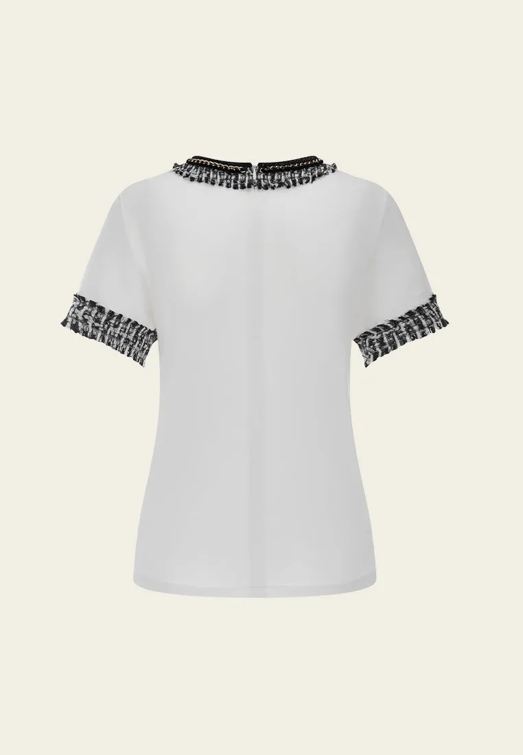 Frayed Tweed-trim Chain-detail Cotton Shirt