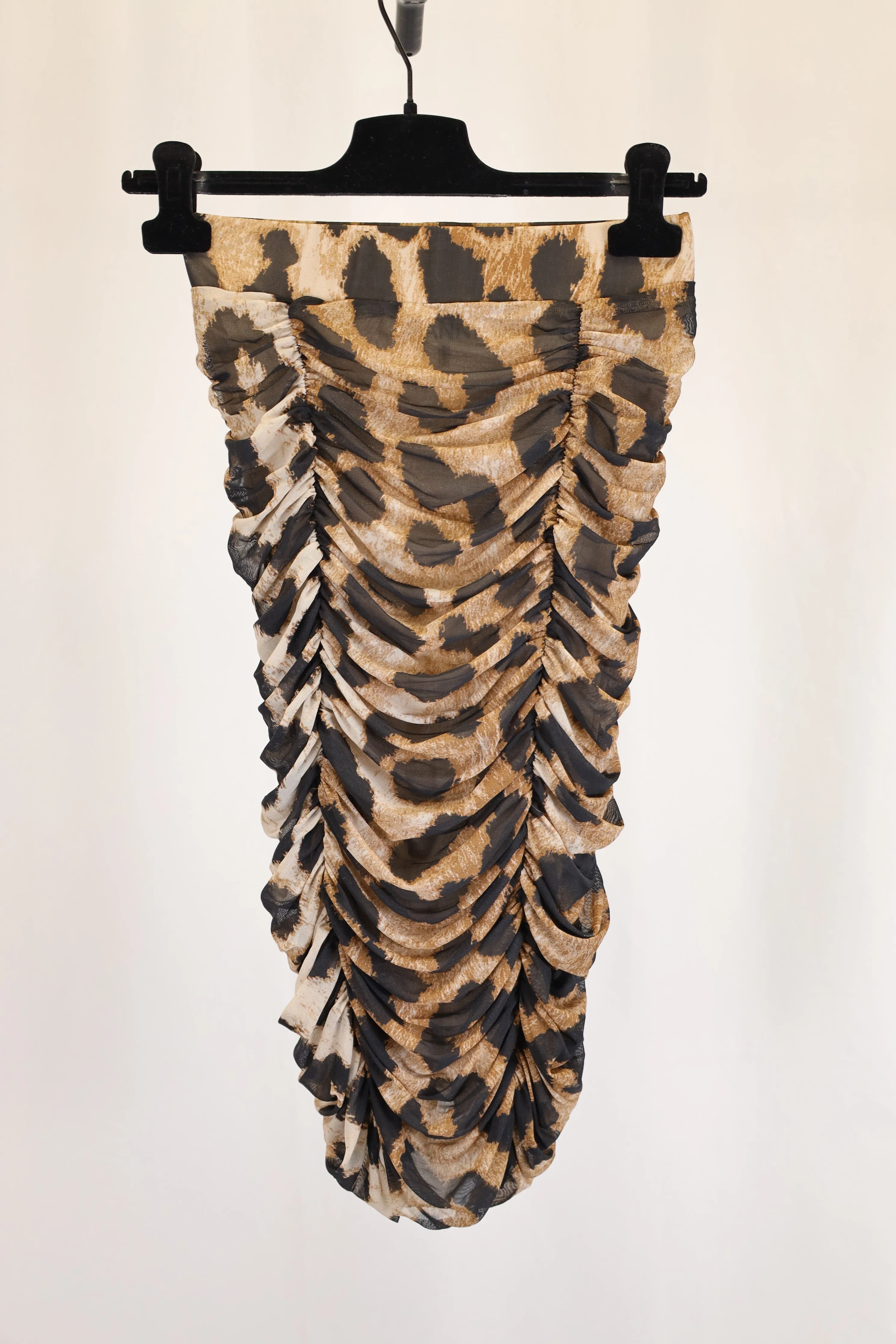 Ganni Ruched Leopard Print Midi Mesh Skirt in Brown Polyester