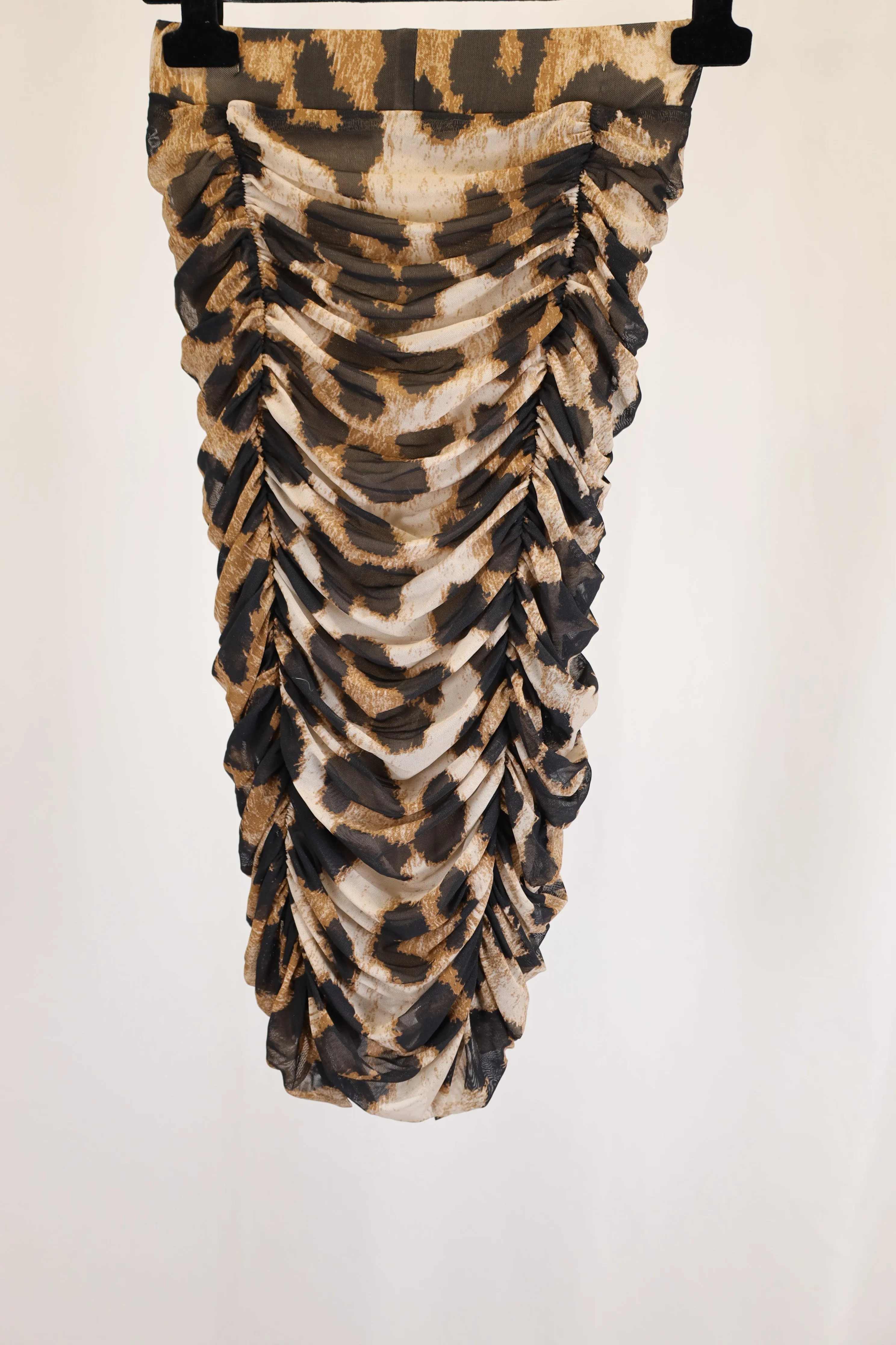 Ganni Ruched Leopard Print Midi Mesh Skirt in Brown Polyester