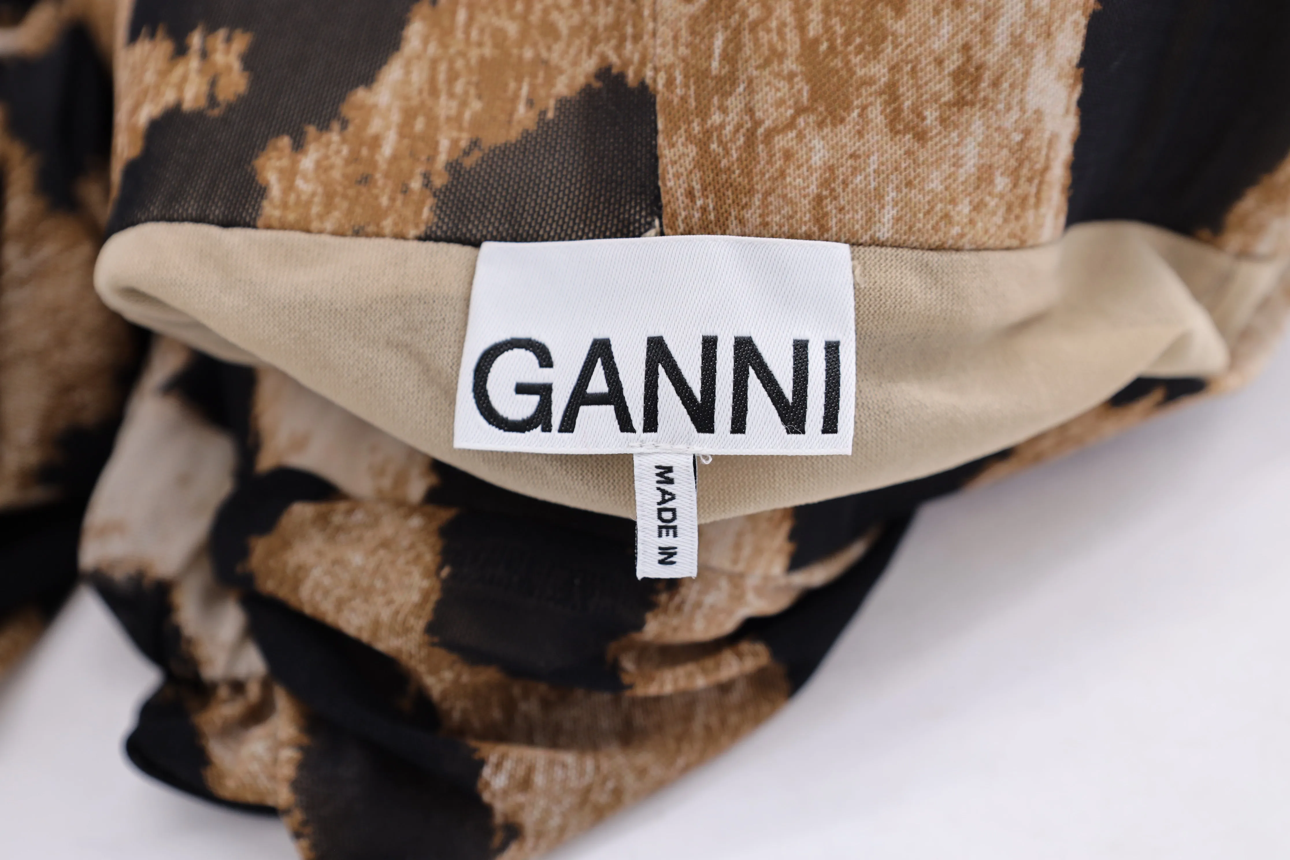 Ganni Ruched Leopard Print Midi Mesh Skirt in Brown Polyester