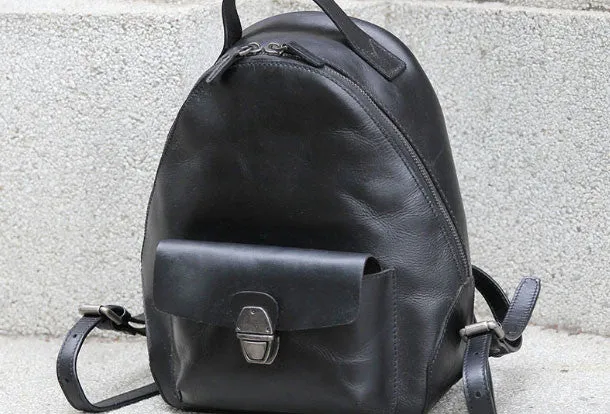 Genuine handmade Leather backpack bag shoulder bag black  women leather purse