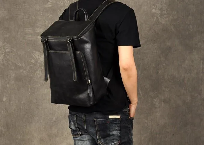 Genuine Leather Mens Cool Backpack Large Black Fashion Travel Backpack for men