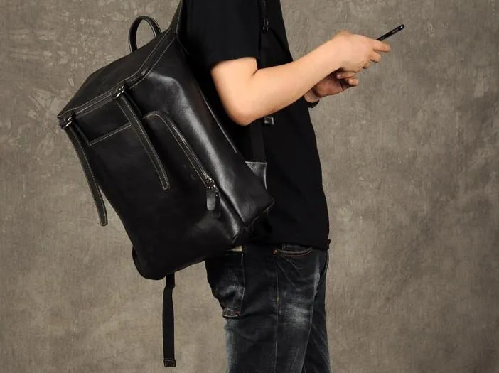 Genuine Leather Mens Cool Backpack Large Black Fashion Travel Backpack for men