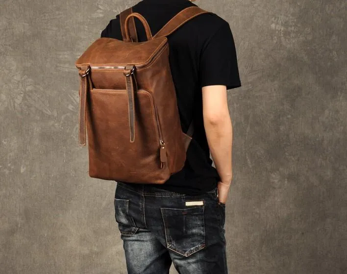 Genuine Leather Mens Cool Backpack Large Black Fashion Travel Backpack for men