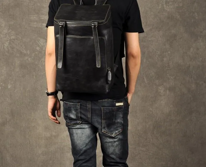 Genuine Leather Mens Cool Backpack Large Black Fashion Travel Backpack for men