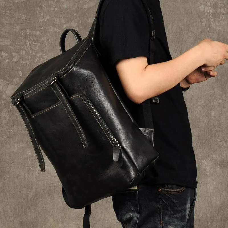 Genuine Leather Mens Cool Backpack Large Black Fashion Travel Backpack for men