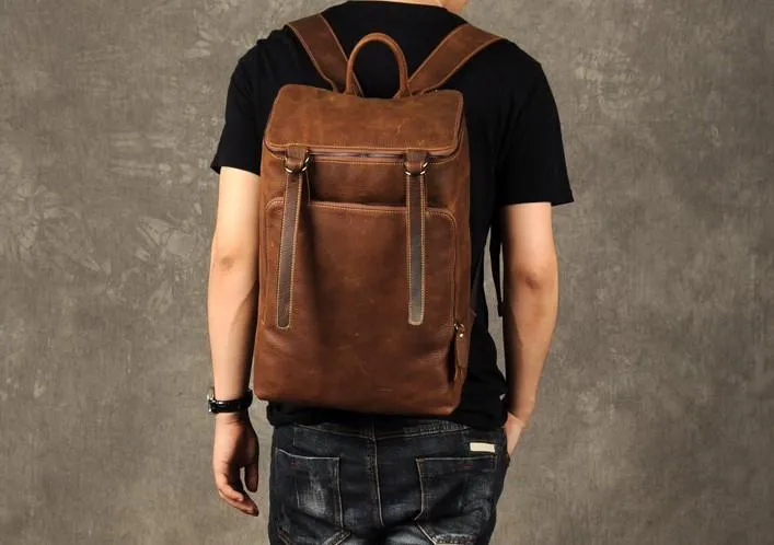 Genuine Leather Mens Cool Backpack Large Black Fashion Travel Backpack for men