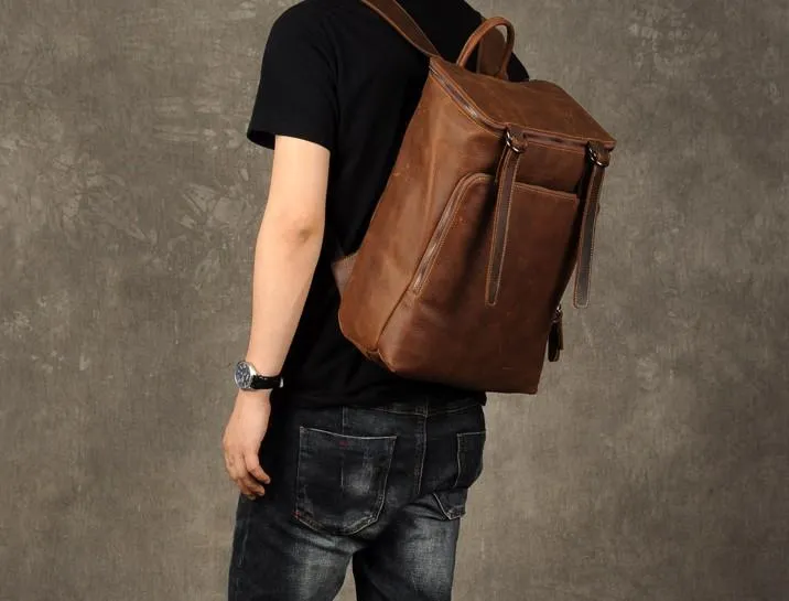 Genuine Leather Mens Cool Backpack Large Black Fashion Travel Backpack for men