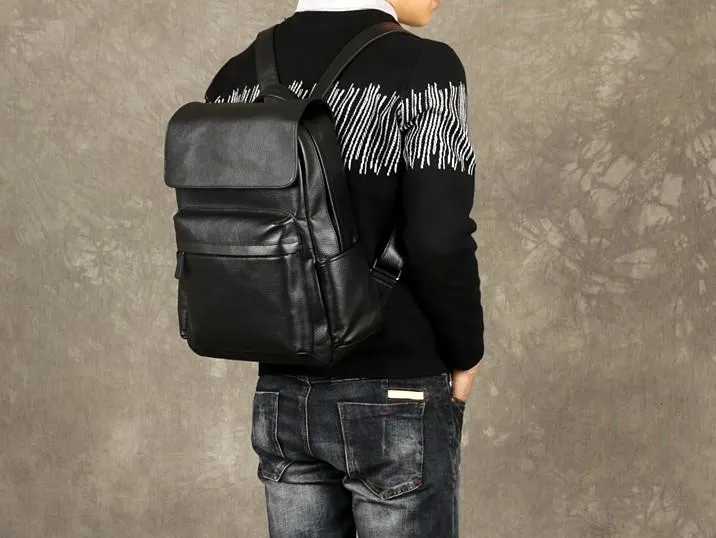 Genuine Leather Mens Cool Backpack Large Black Travel Backpack Hiking Backpack for men