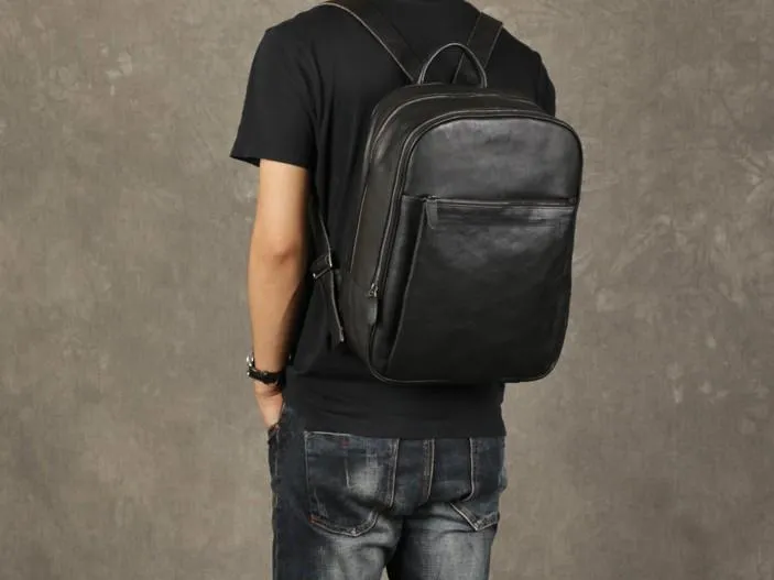 Genuine Leather Mens Cool Backpack Large Black Travel Backpack Hiking Backpack for men