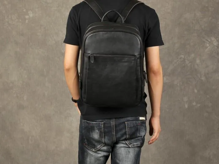 Genuine Leather Mens Cool Backpack Large Black Travel Backpack Hiking Backpack for men