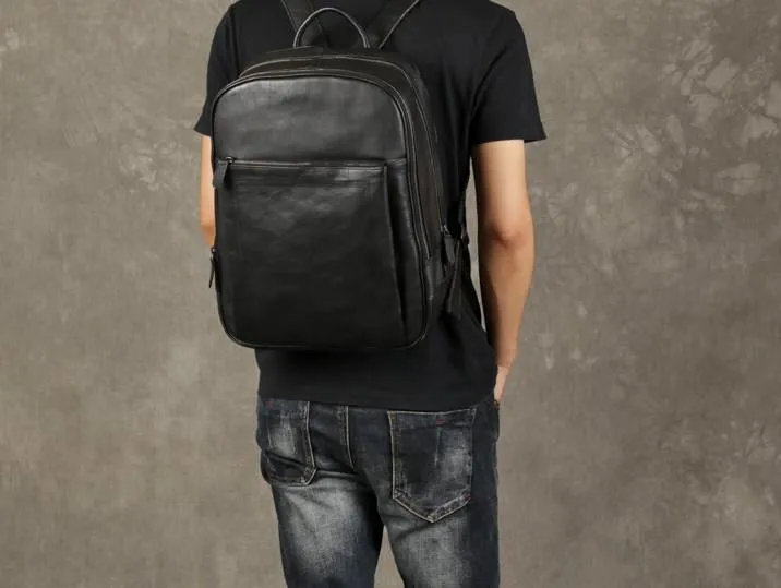 Genuine Leather Mens Cool Backpack Large Black Travel Backpack Hiking Backpack for men