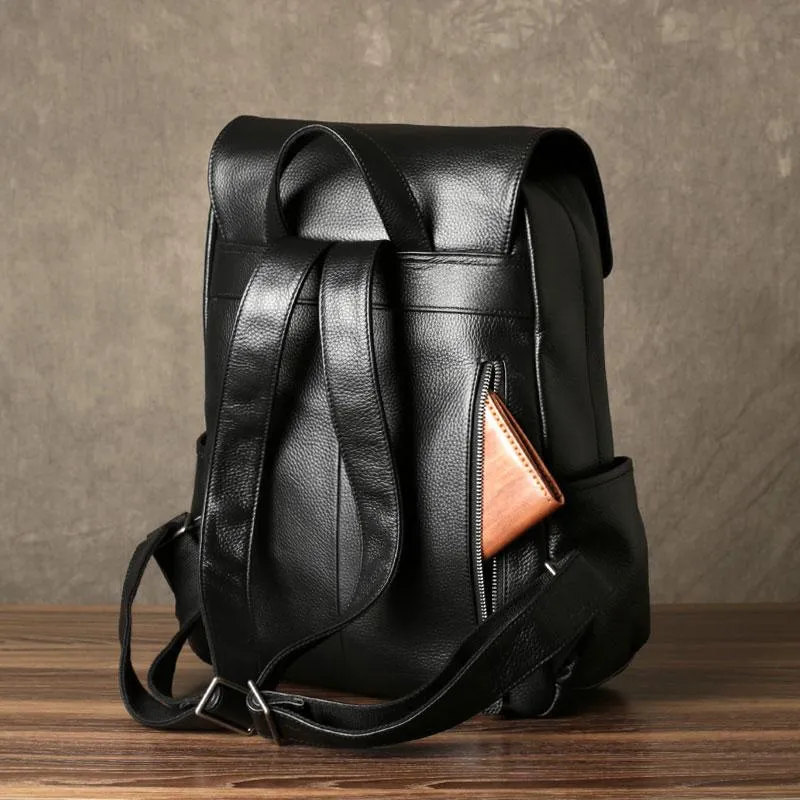 Genuine Leather Mens Cool Backpack Large Black Travel Backpack Hiking Backpack for men