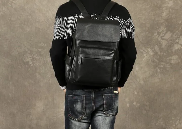Genuine Leather Mens Cool Backpack Large Black Travel Backpack Hiking Backpack for men