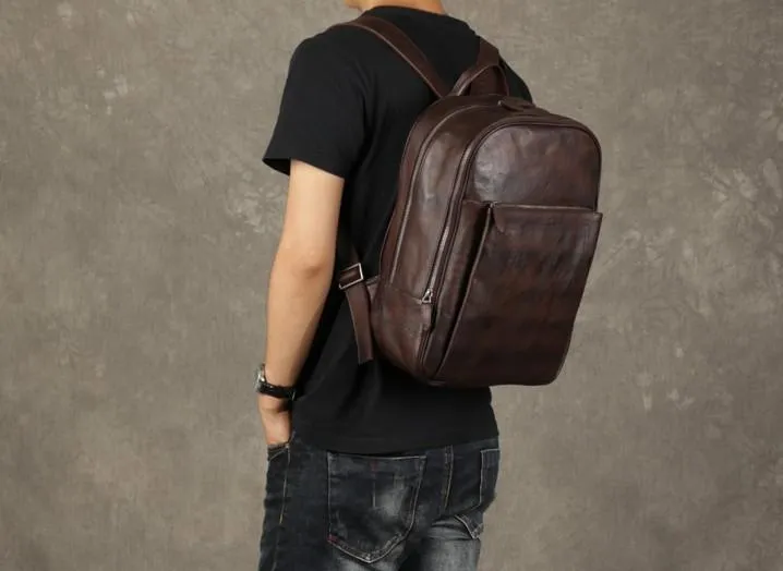 Genuine Leather Mens Cool Backpack Large Black Travel Backpack Hiking Backpack for men
