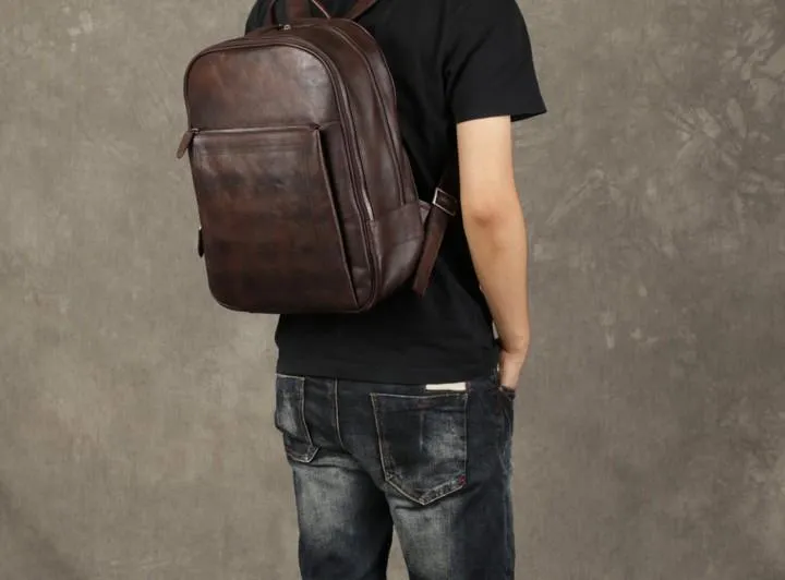 Genuine Leather Mens Cool Backpack Large Black Travel Backpack Hiking Backpack for men