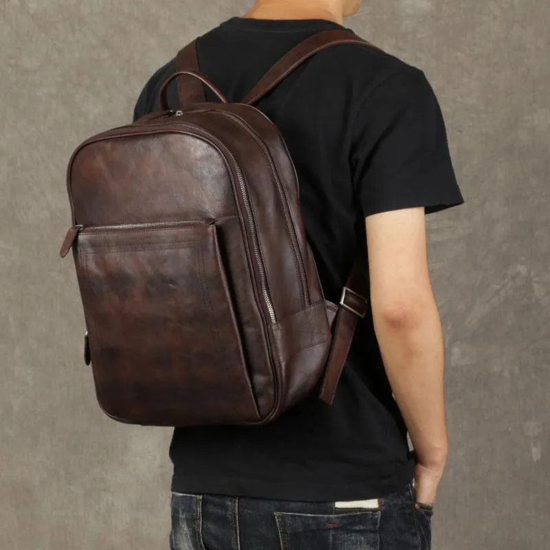 Genuine Leather Mens Cool Backpack Large Black Travel Backpack Hiking Backpack for men