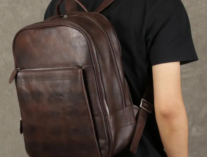 Genuine Leather Mens Cool Backpack Large Black Travel Backpack Hiking Backpack for men