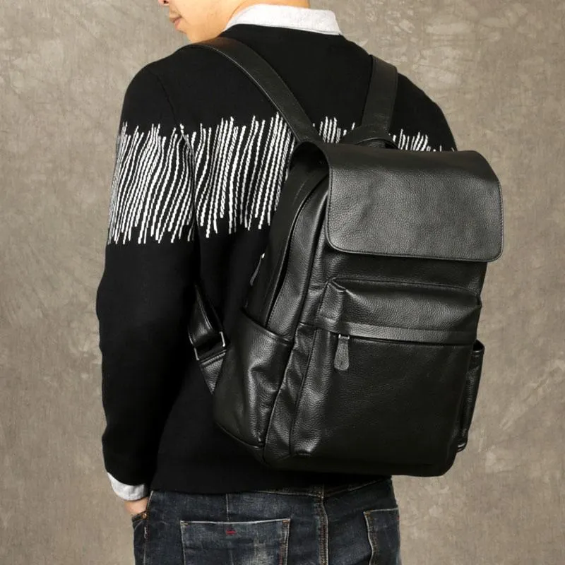 Genuine Leather Mens Cool Backpack Large Black Travel Backpack Hiking Backpack for men