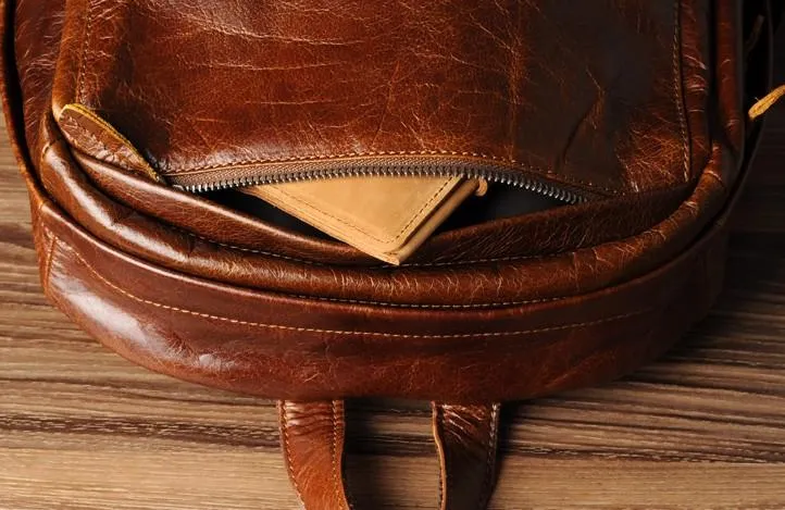 Genuine Leather Mens Cool Backpacks Large Brown Travel Backpack Hiking Backpacks for men