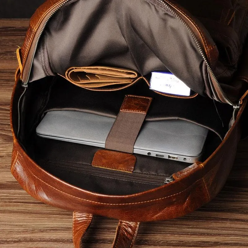 Genuine Leather Mens Cool Backpacks Large Brown Travel Backpack Hiking Backpacks for men